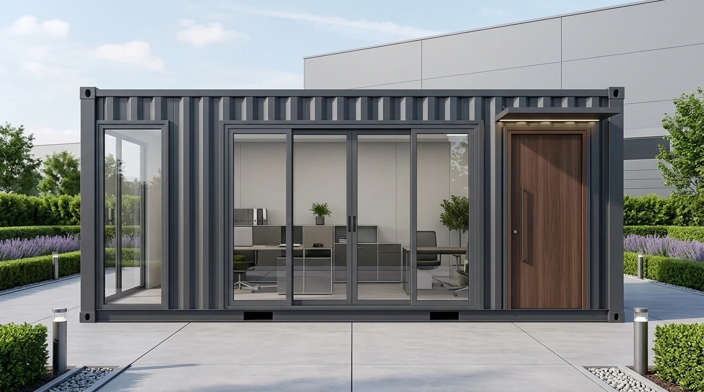 Front of a dark grey corrugated container office with a glazed end panel, glazed sliding doors and a timber-look door under a lit canopy