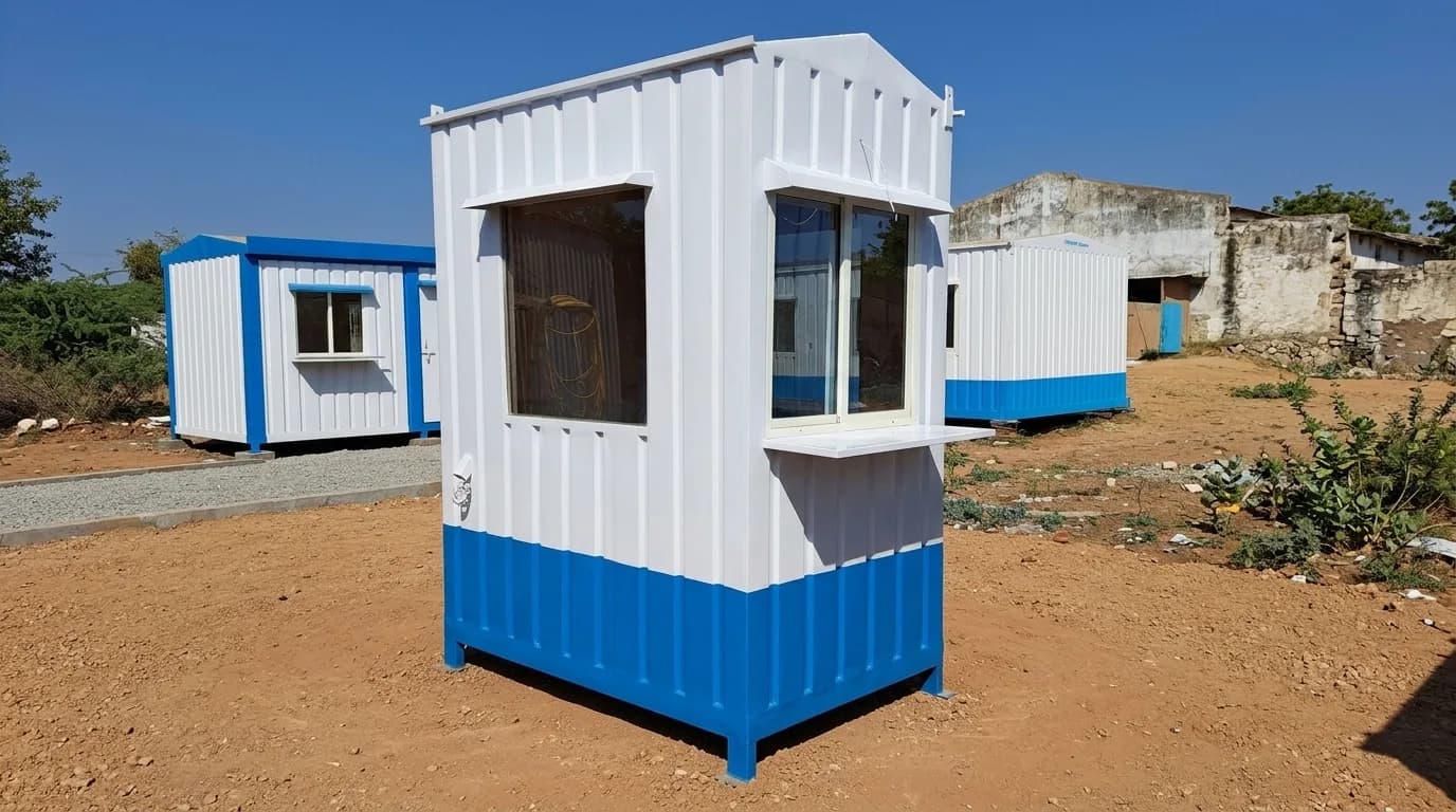 MS Portable Security Cabin 6 × 4 ft exterior in blue and white with a sliding window