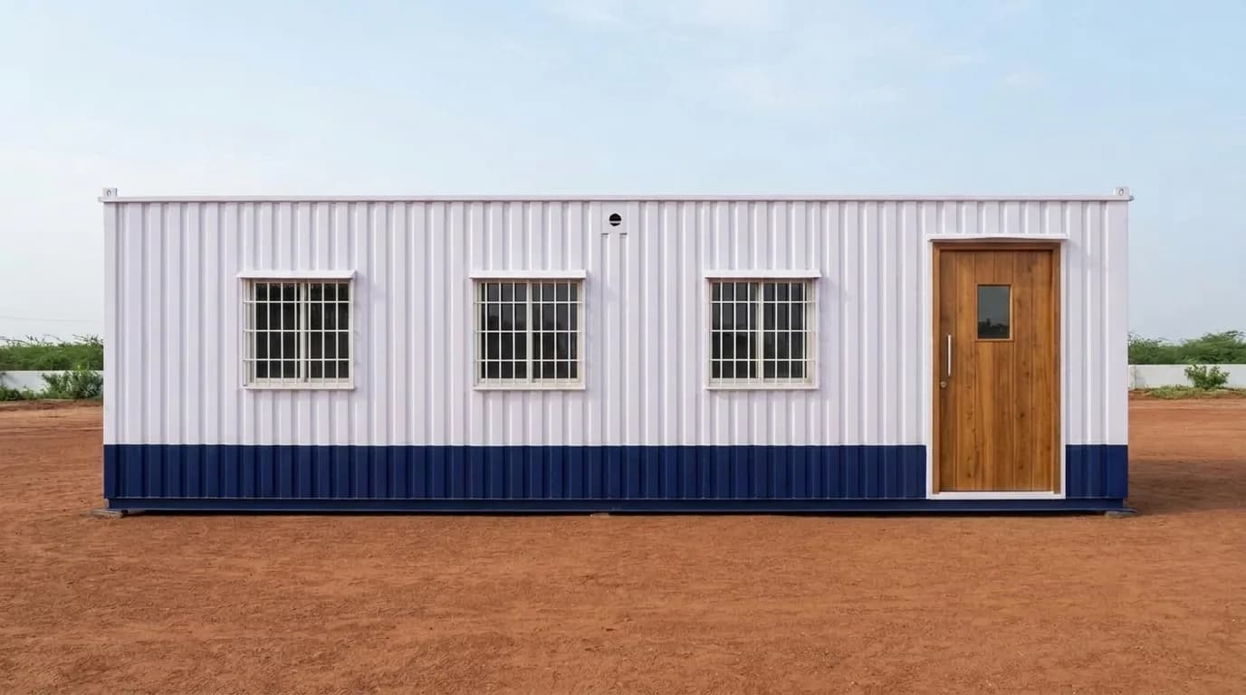 Actual Portable Office Cabin 40 by 10 by 8.5 feet — front exterior with sliding windows, safety grills and bulkhead-lit door