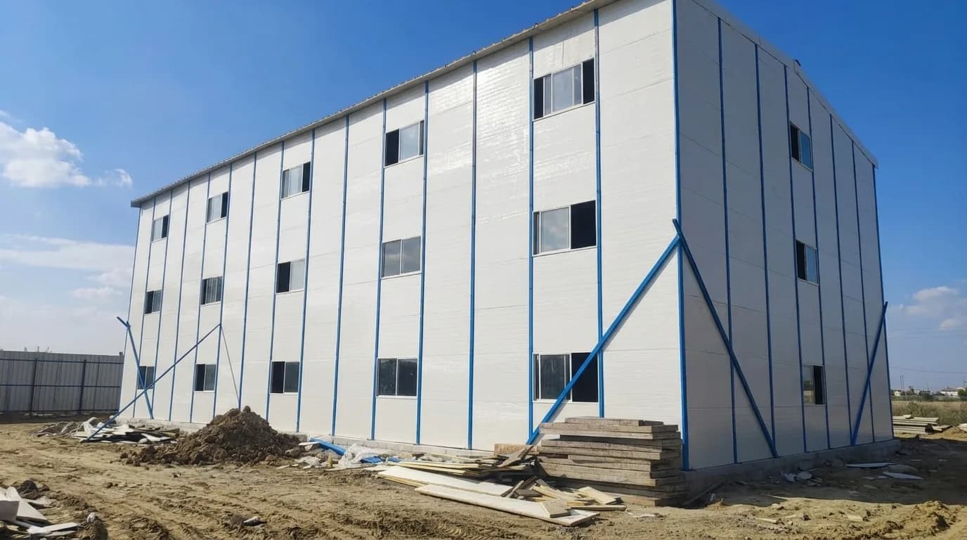 Prefabricated Labour Colony G+2 complete external elevation in white PUF panels with blue steel framing and rows of sliding windows across three floors