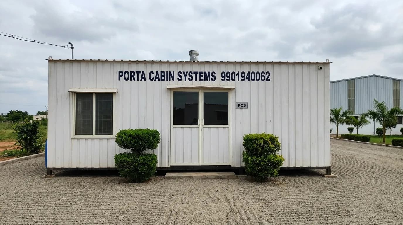 Actual Second-Hand Portable Office Cabin, 20 by 10 by 8.5 feet — front elevation with sliding doors and window