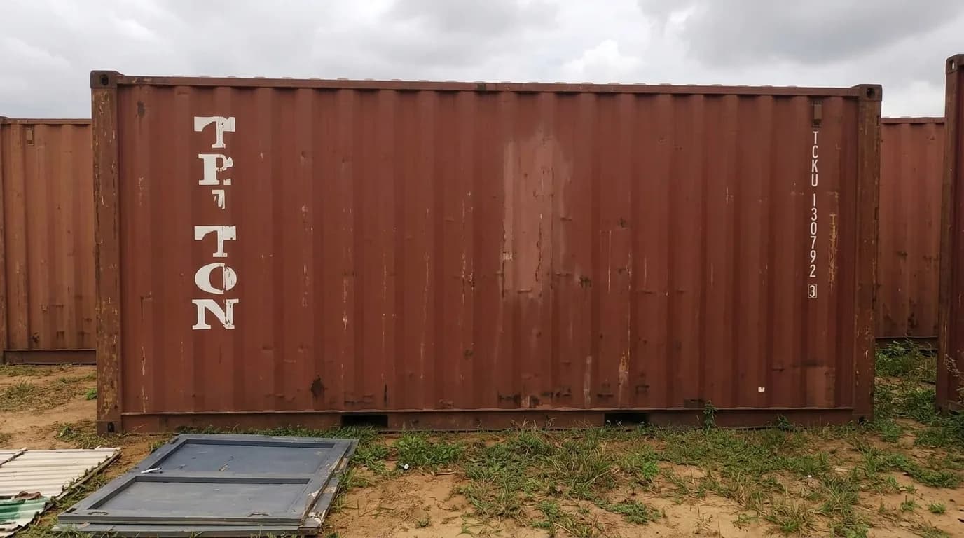 Used 20 ft shipping container, complete side elevation showing corrugated steel and container markings