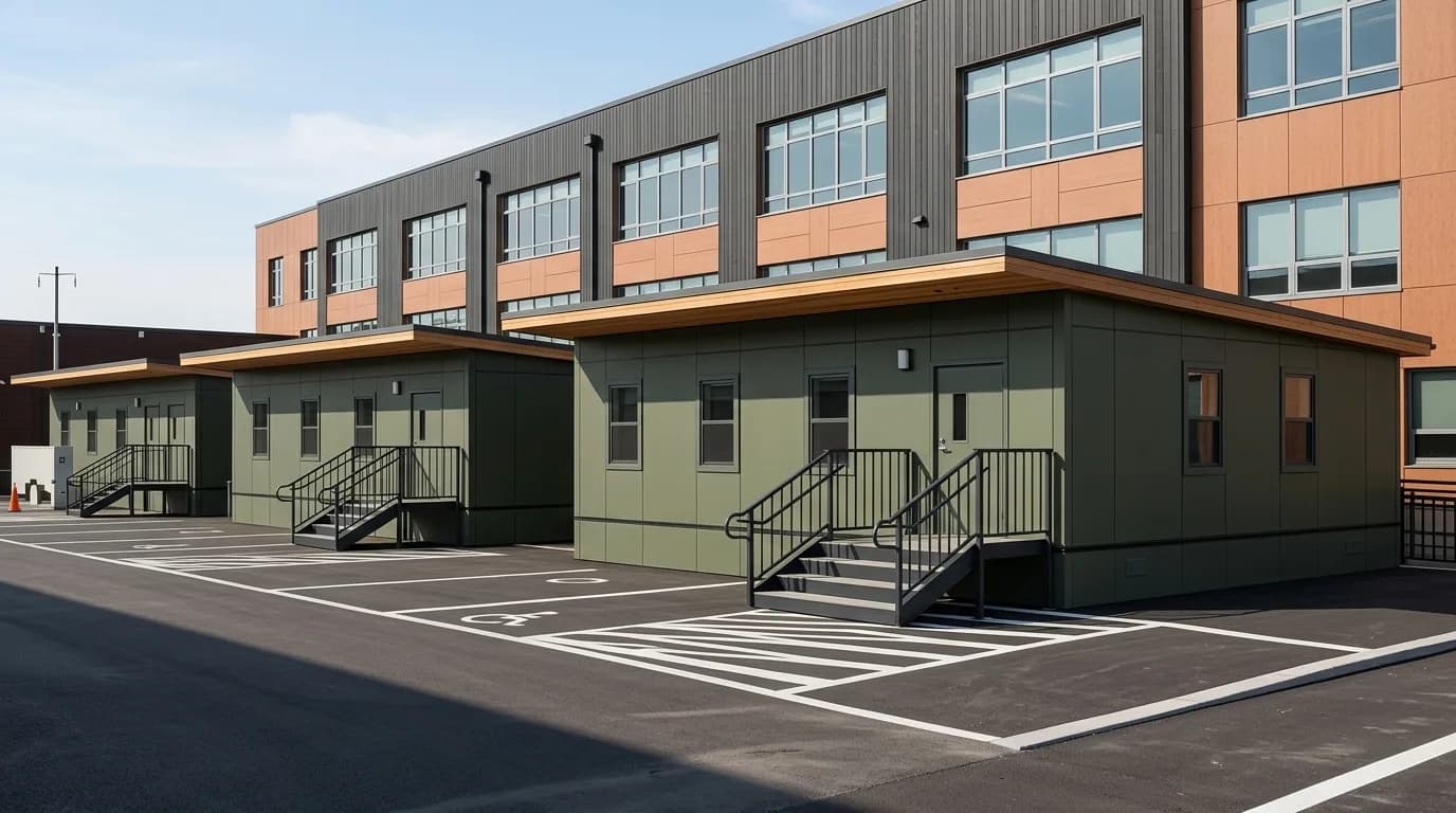 Modular school classroom block with corridor and verandah