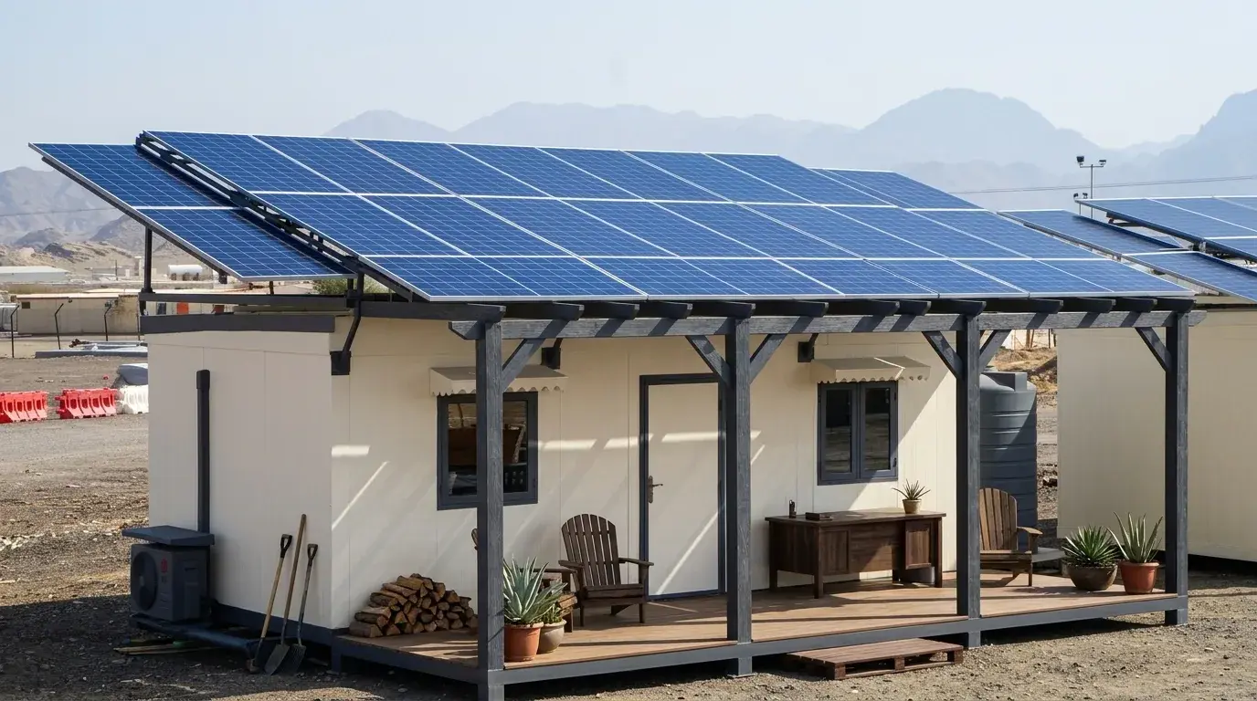 Portable farmhouse cabin with solar panels for off-grid living
