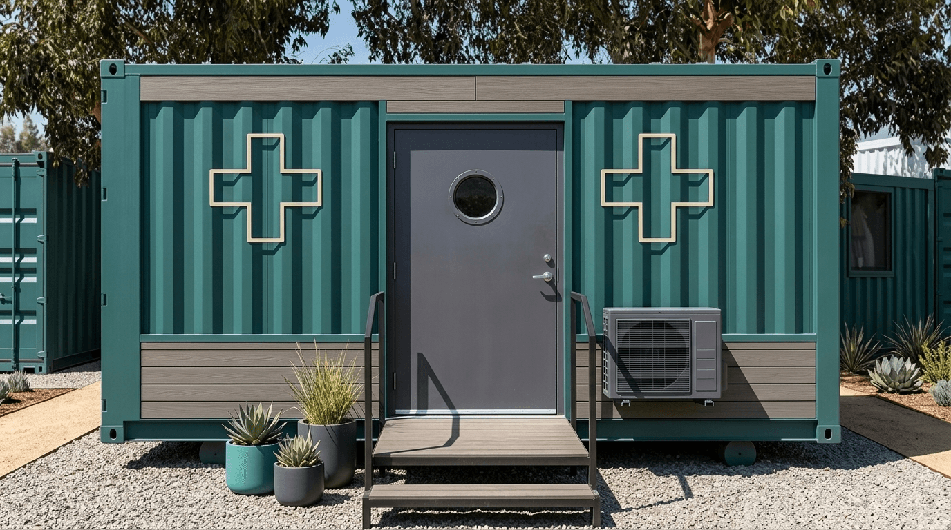 Portable medical store cabin with roll-up shutter and signage