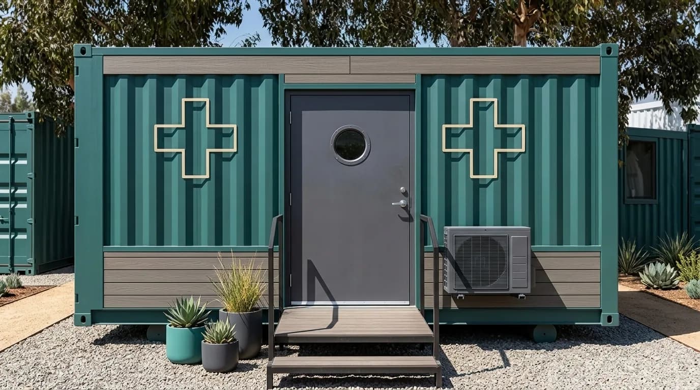 Portable medical store cabin with roll-up shutter and signage