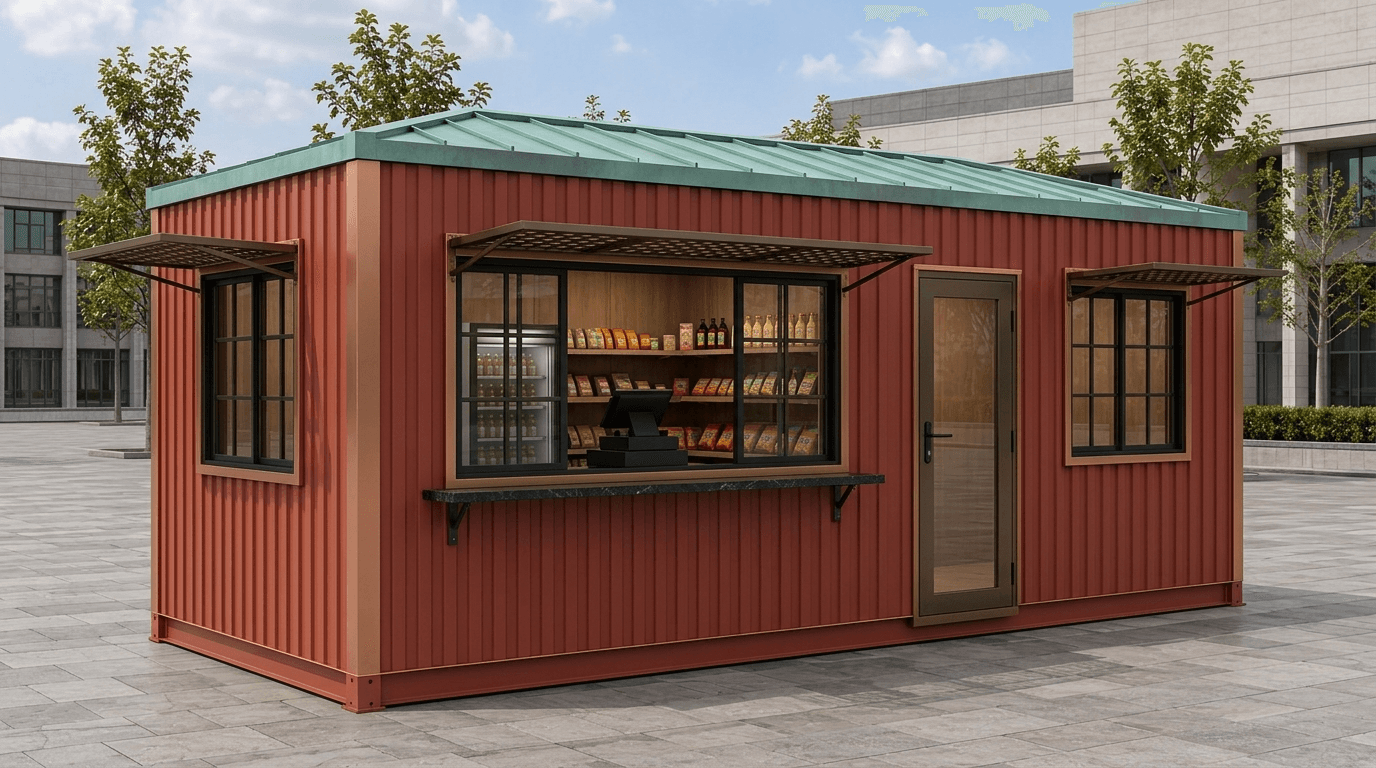 Portable shop cabin with glass display front by Porta Cabin Systems