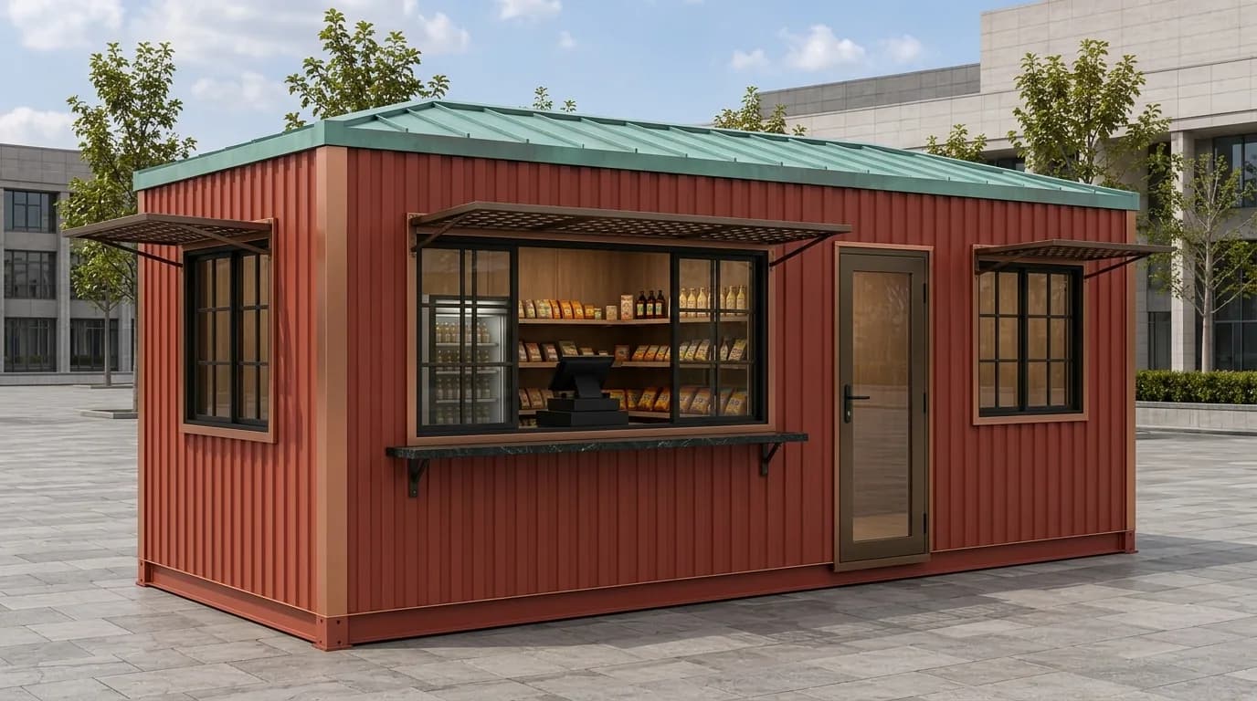 Portable shop cabin with glass display front by Porta Cabin Systems