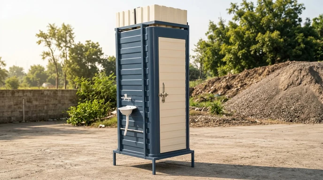 Portable toilet cabin with overhead water tank