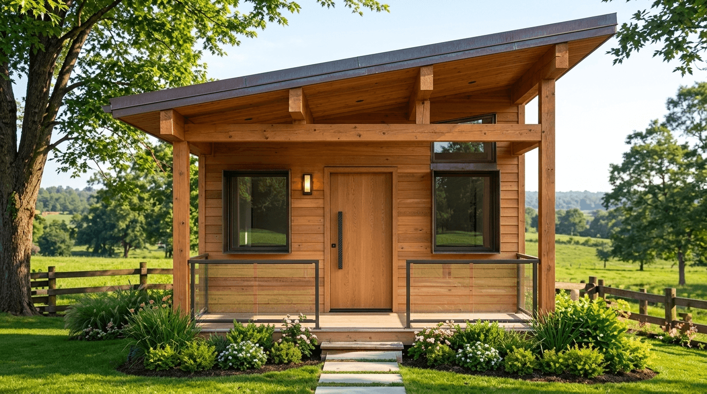 Prefabricated farmhouse cottage with verandah built by Porta Cabin Systems