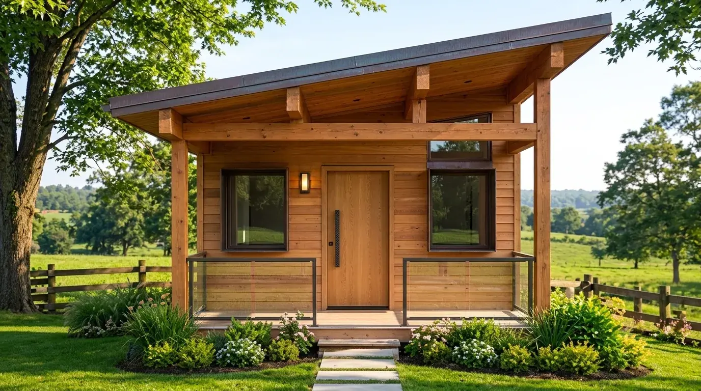 Prefabricated farmhouse cottage with verandah built by Porta Cabin Systems