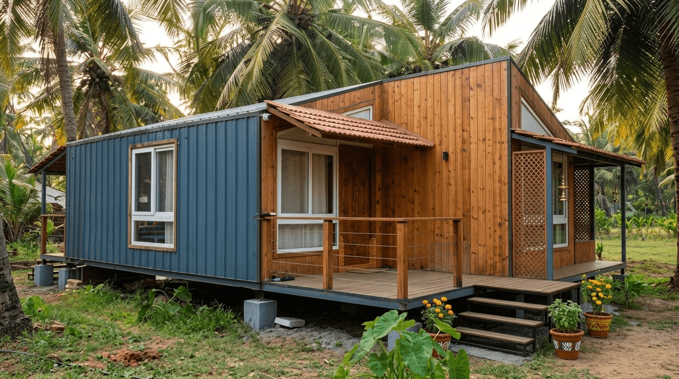 Prefab resort cottages in a row at a hillside property in India