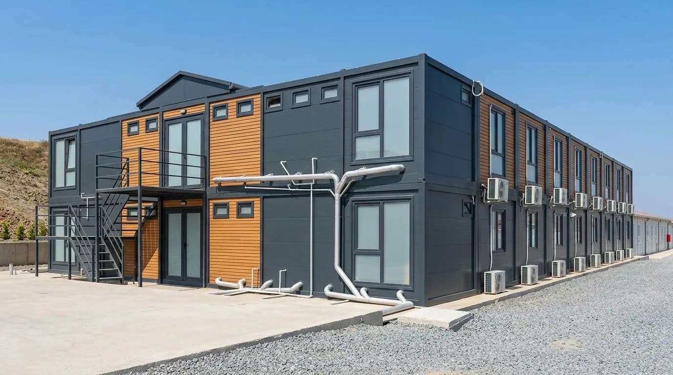 Prefab site camp with worker accommodation blocks at an infrastructure project