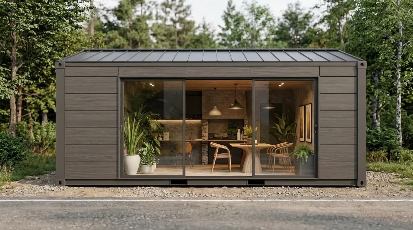 Container Café — front view with a full-width glass sliding front revealing the finished café interior — Porta Cabin Systems