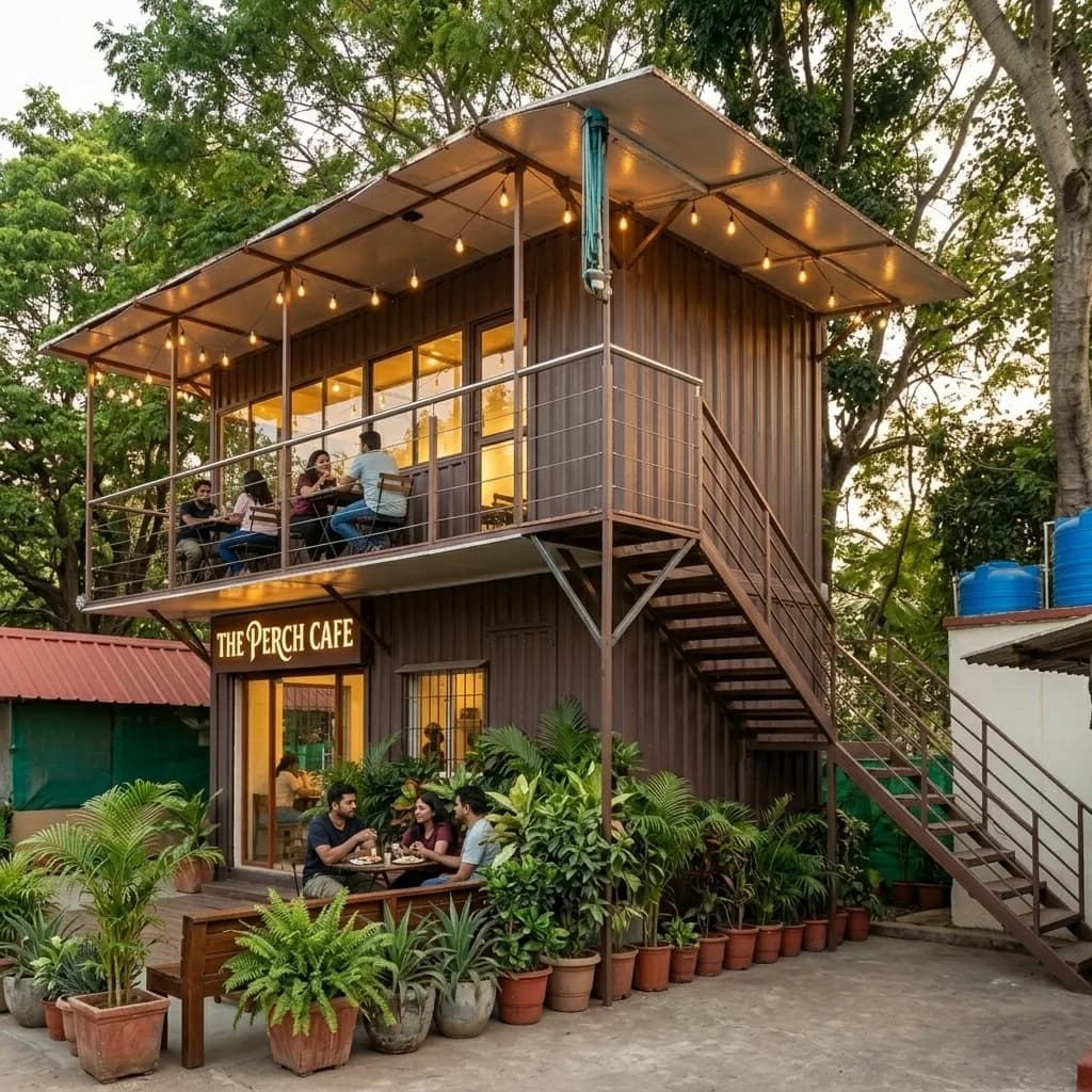 Double-storey container cafe with external staircase and upper balcony seating, with illustrative cafe signage, by Porta Cabin Systems