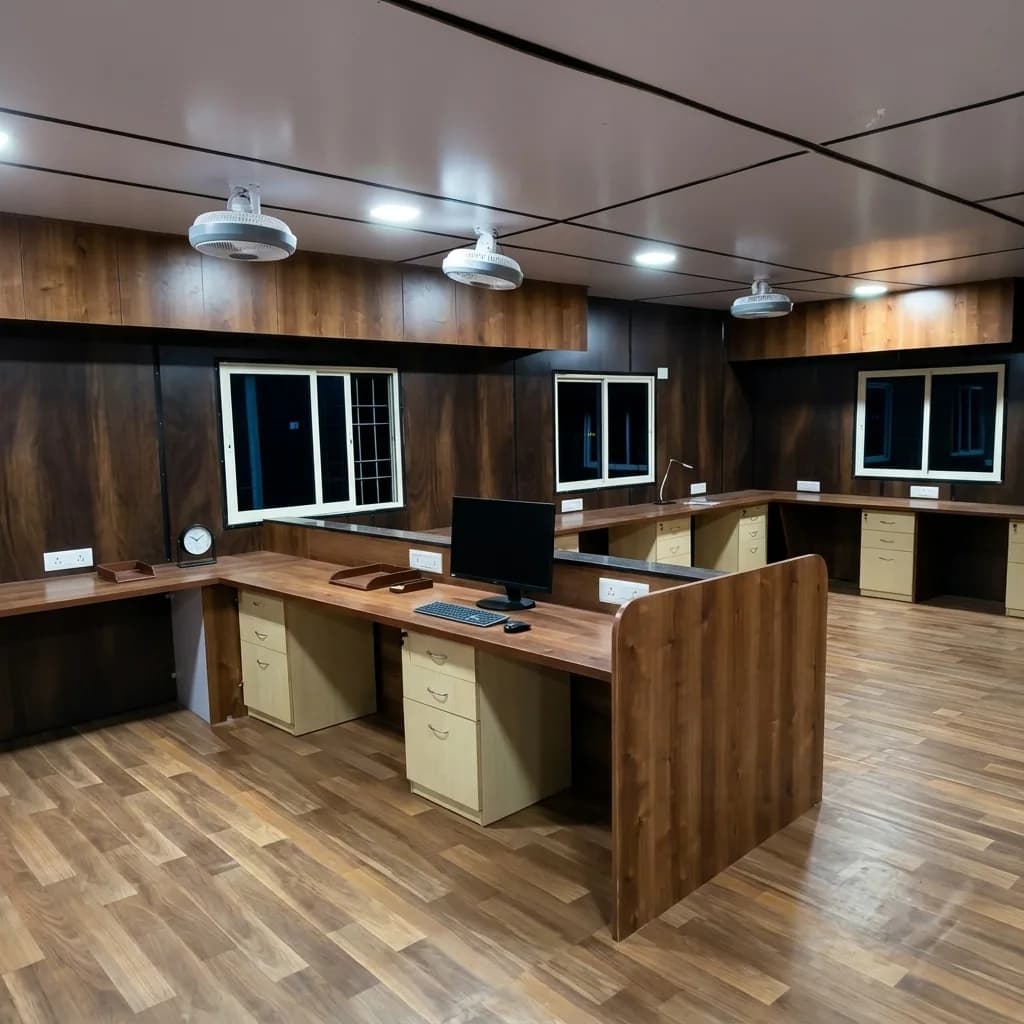 Interior of a furnished portable office cabin with AC and workstations