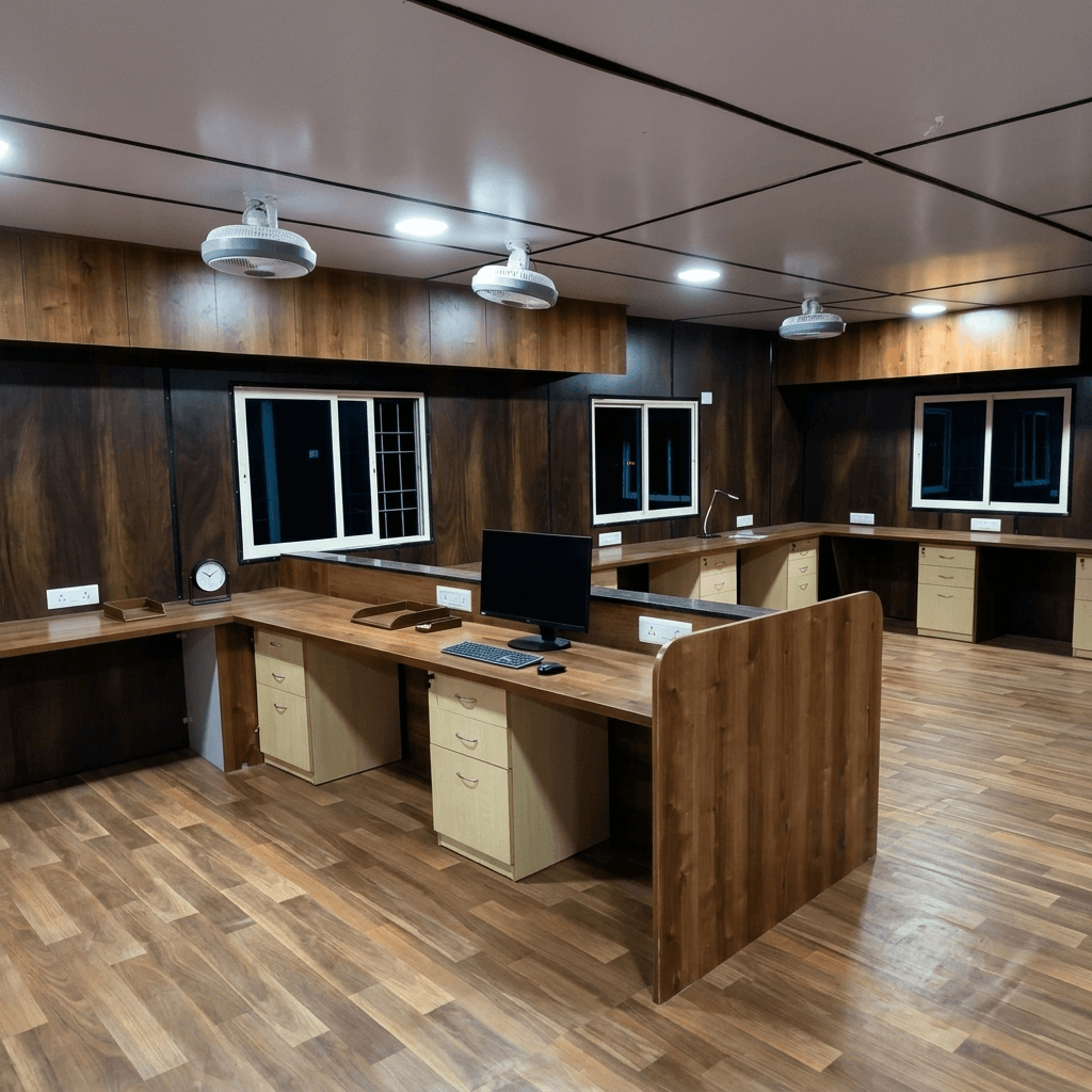 Interior of a furnished portable office cabin with AC and workstations