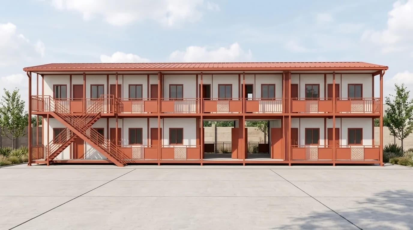 G+1 labour accommodation block — front elevation showing both floors, balconies and external staircase, by Porta Cabin Systems