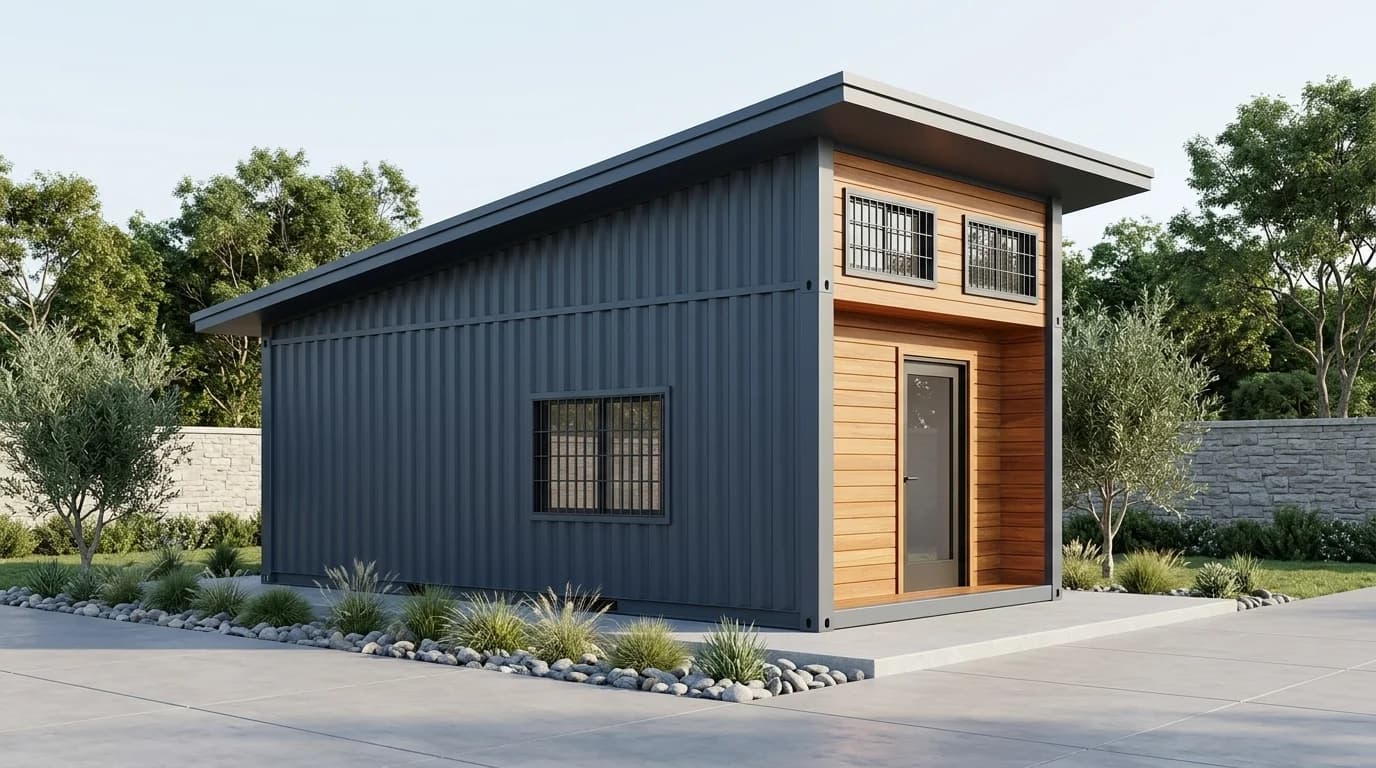 Design visualisation of a dark-grey single-storey portable cabin with a mono-pitch roof, a wood-clad front, a door and barred windows