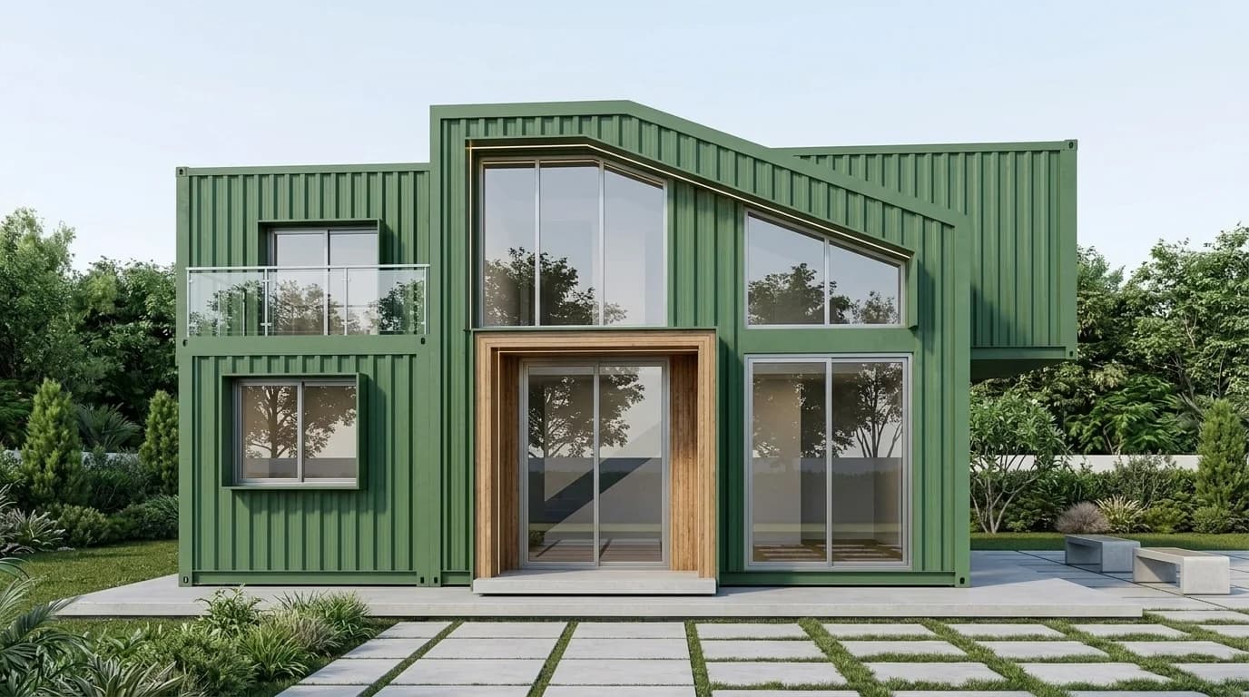 Design visualisation of a green two-storey layout of joined corrugated steel units, front view, with a timber-framed glass entrance and an upper balcony with a glass railing