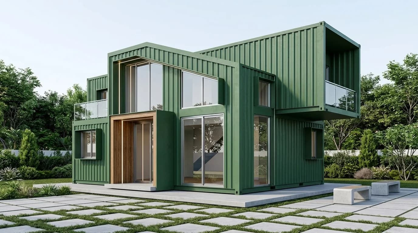 Design visualisation of the same green two-storey layout from an angle, showing a cantilevered upper unit with balconies