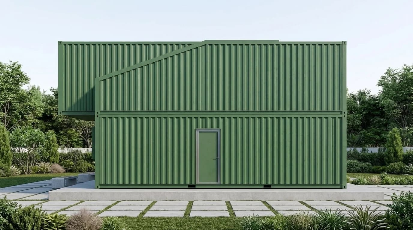 Design visualisation of the same green two-storey layout from the rear, with a single door