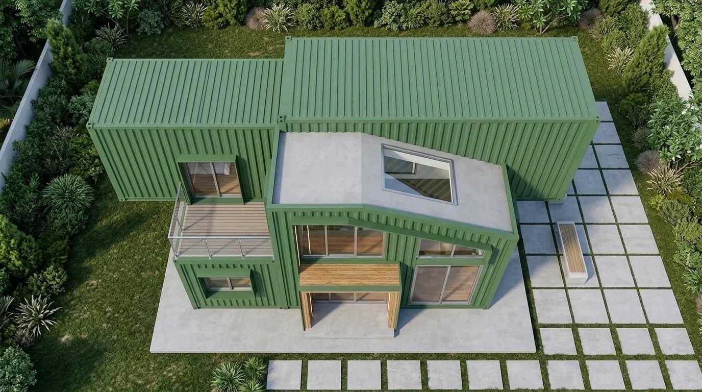 Design visualisation of the same green two-storey layout from above, showing a skylight and a balcony deck
