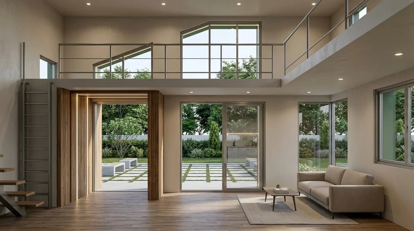 Design visualisation of a double-height interior with a mezzanine, a ladder, a sofa and sliding glass doors