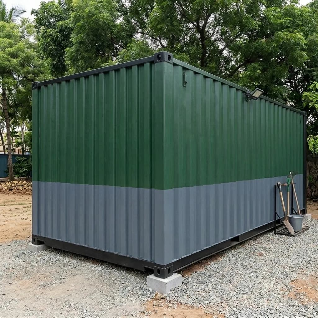 20 ft storage container in a two-tone green and grey finish with a black steel frame and a side personnel door, by Porta Cabin Systems