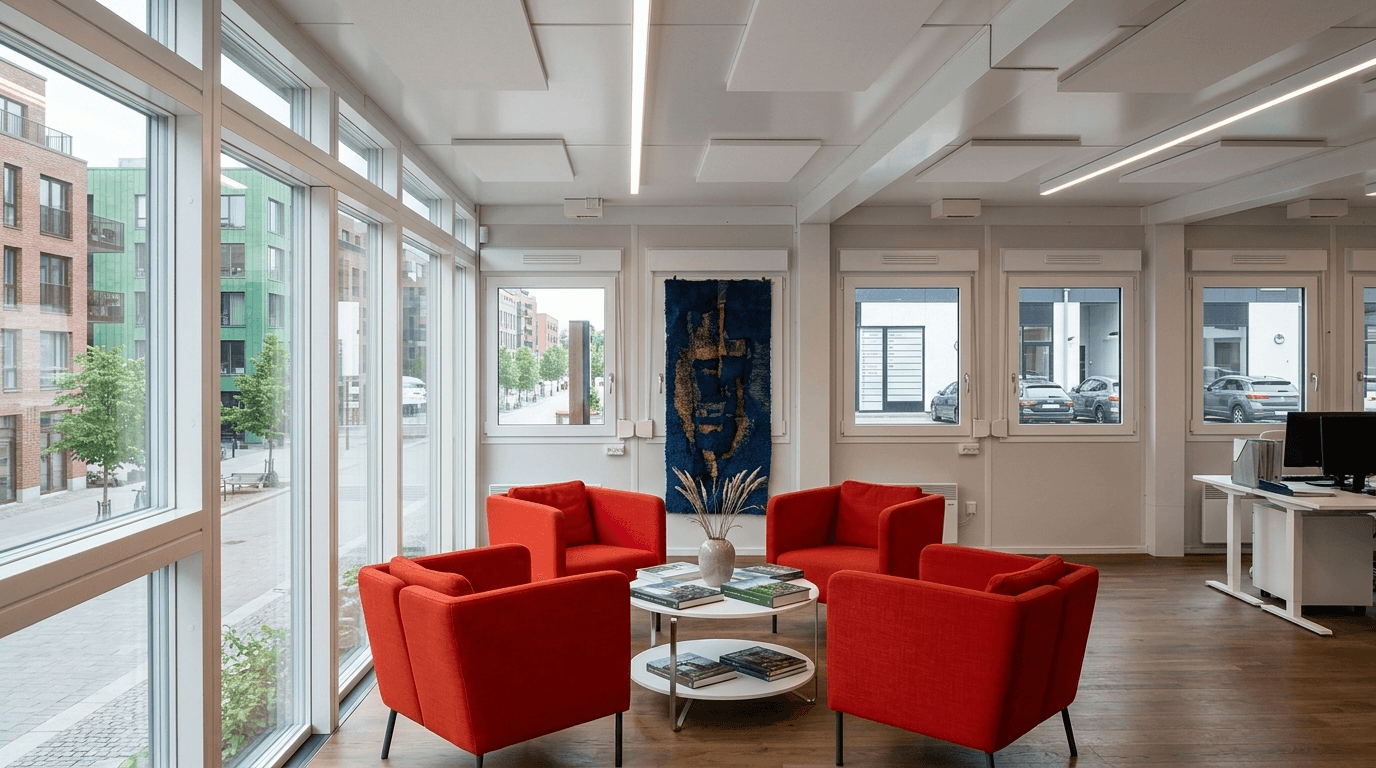 Reception and lounge interior of a portable sales office with branding