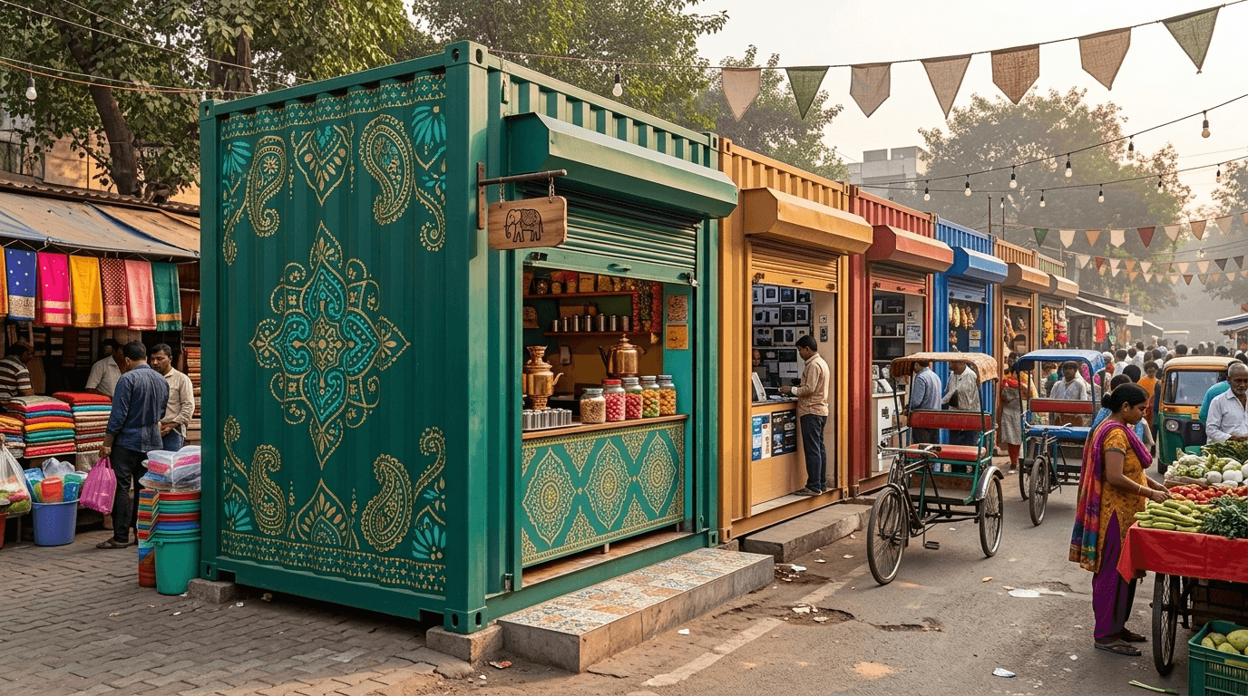 Row of prefab rental shops installed on a plot in India