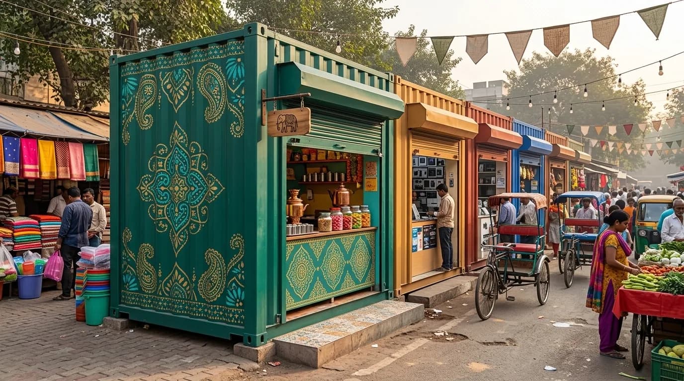 Row of prefab rental shops installed on a plot in India
