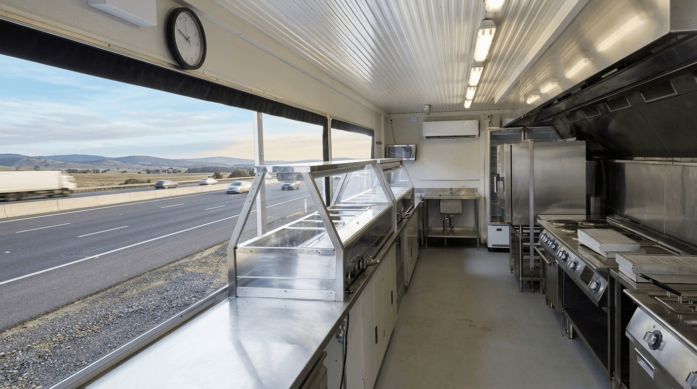 Stainless steel commercial kitchen inside a container restaurant